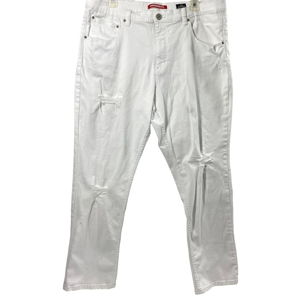 Unionbay White Jeans Women Jr 19 Slim Boyfriend Straight Distressed Ripped Denim